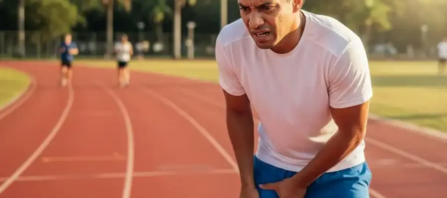 Pessoa sentindo dor aguda no joelho durante treino ao ar livre