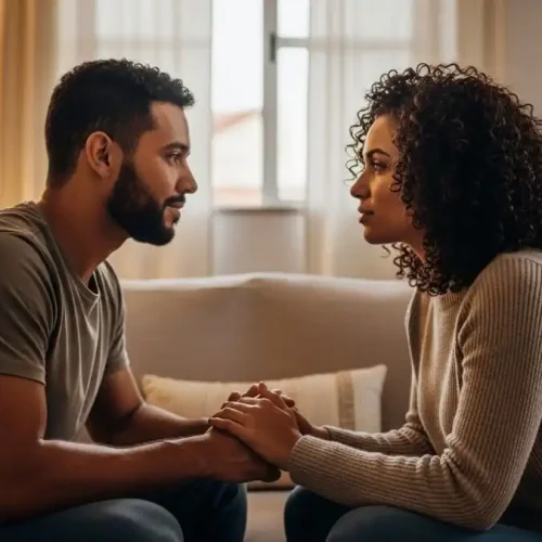 Casal em momento de conexão emocional intensa, olhando nos olhos com empatia, luz natural suave de varanda brasileira, simbolizando amor percebido e presença genuína.