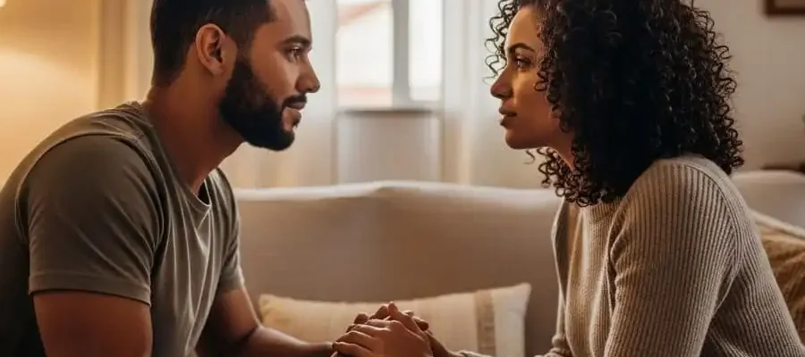 Casal em momento de conexão emocional intensa, olhando nos olhos com empatia, luz natural suave de varanda brasileira, simbolizando amor percebido e presença genuína.