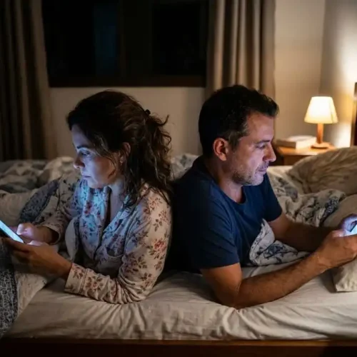 Foto de um casal deitado de costas um para o outro na cama, cada um olhando para o celular, representando a desconexão causada pelo uso excessivo de telas.