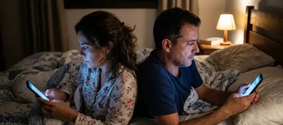 Foto de um casal deitado de costas um para o outro na cama, cada um olhando para o celular, representando a desconexão causada pelo uso excessivo de telas.