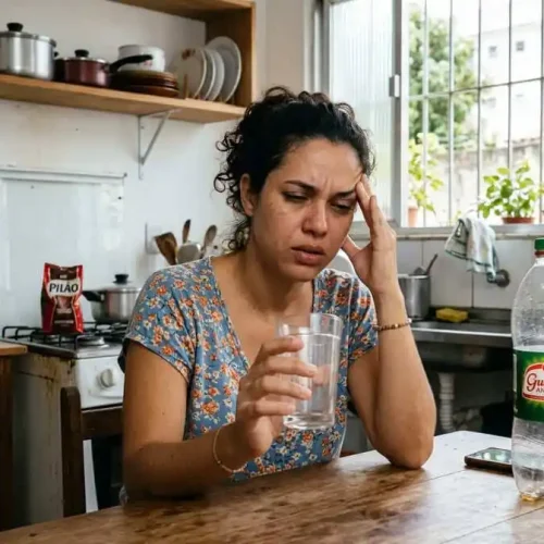 Pessoa com expressão cansada e boca seca segurando copo vazio, cozinha ou escritório brasileiro com luz natural, simbolizando sede como sinal tardio de desidratação.