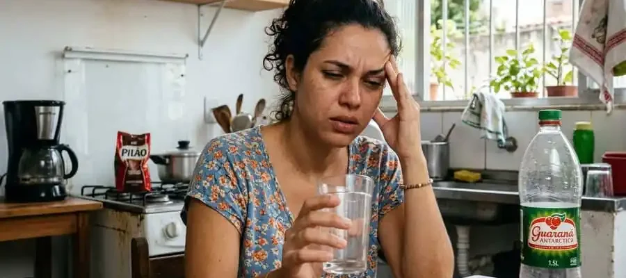 Pessoa com expressão cansada e boca seca segurando copo vazio, cozinha ou escritório brasileiro com luz natural, simbolizando sede como sinal tardio de desidratação.