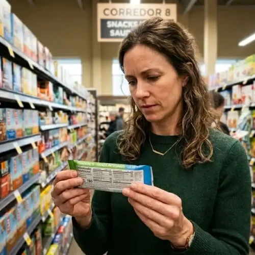 Pessoa lendo o rótulo de uma barrinha de cereal em um supermercado.