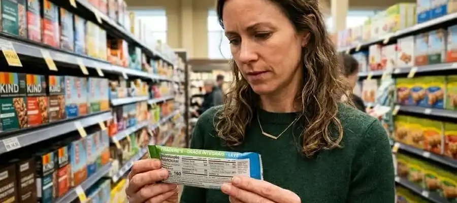 Pessoa lendo o rótulo de uma barrinha de cereal em um supermercado.