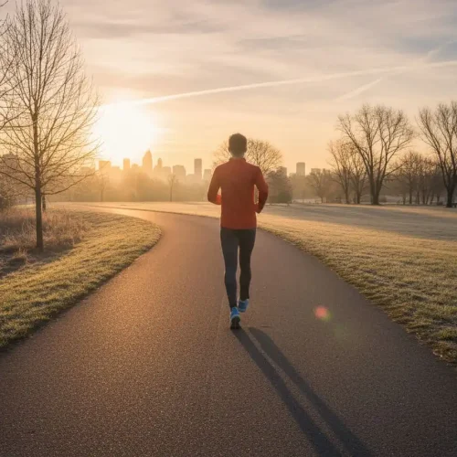 Pessoa de costas correndo ao nascer do sol, luz dourada suave, transmitindo energia e renovação matinal.