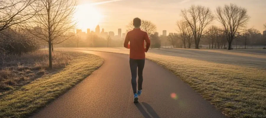 Pessoa de costas correndo ao nascer do sol, luz dourada suave, transmitindo energia e renovação matinal.