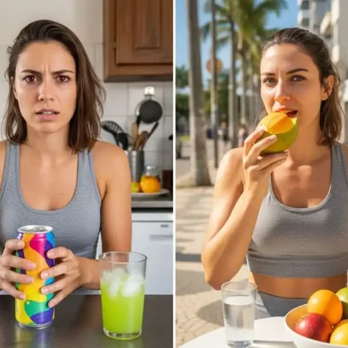 Comparação: lata de energético com pessoa agitada e cansada vs água e fruta com expressão saudável, luz natural intensa, simbolizando riscos das bebidas energéticas.