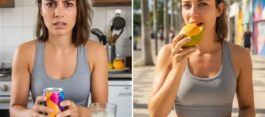 Comparação: lata de energético com pessoa agitada e cansada vs água e fruta com expressão saudável, luz natural intensa, simbolizando riscos das bebidas energéticas.