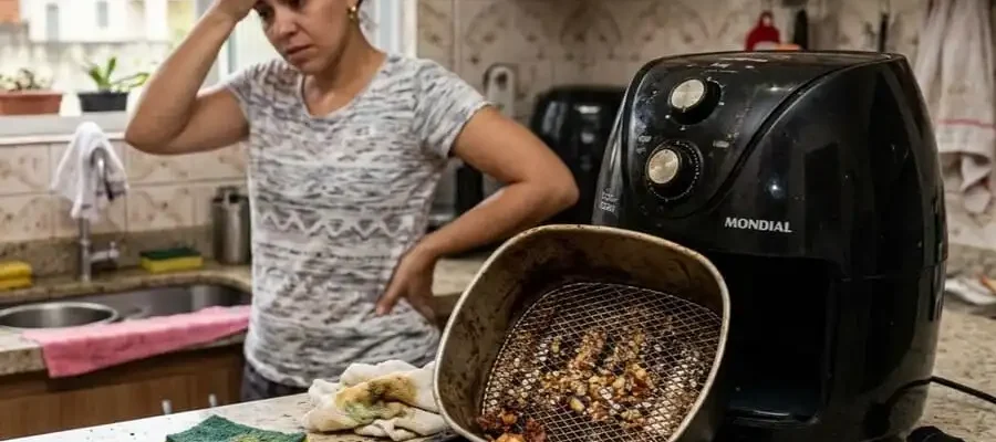 Cesta e bandeja de air fryer com resíduos de gordura e comida grudada, pessoa com expressão de dúvida ao fundo, cozinha brasileira com luz natural suave, simbolizando o problema comum e a necessidade de limpeza prática.