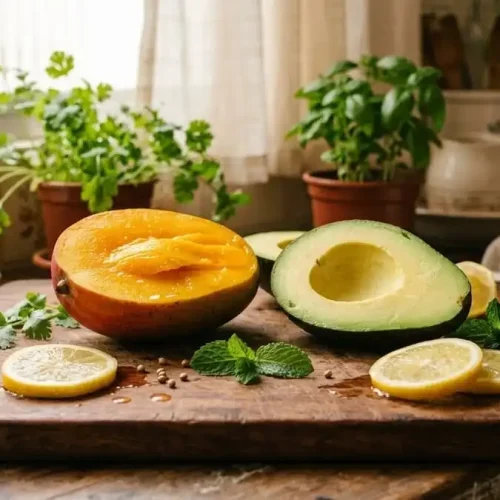 Manga cortada e abacate fresco em tábua de madeira, luz natural suave de cozinha brasileira, simbolizando dupla poderosa para saúde cardiovascular.