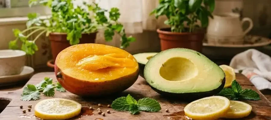Manga cortada e abacate fresco em tábua de madeira, luz natural suave de cozinha brasileira, simbolizando dupla poderosa para saúde cardiovascular.