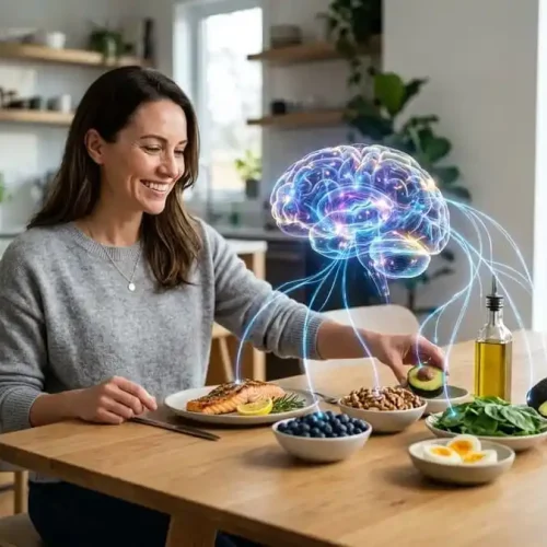 Pessoa escolhendo alimentos saudáveis enquanto uma ilustração de cérebro simboliza memória e saúde cognitiva.