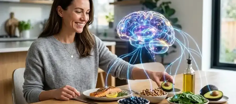 Pessoa escolhendo alimentos saudáveis enquanto uma ilustração de cérebro simboliza memória e saúde cognitiva.