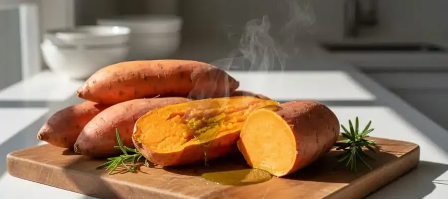 Fotografia realista de batatas-doces cruas e uma assada cortada ao meio em uma bancada de cozinha, com azeite e ervas frescas, sob iluminação natural clara.