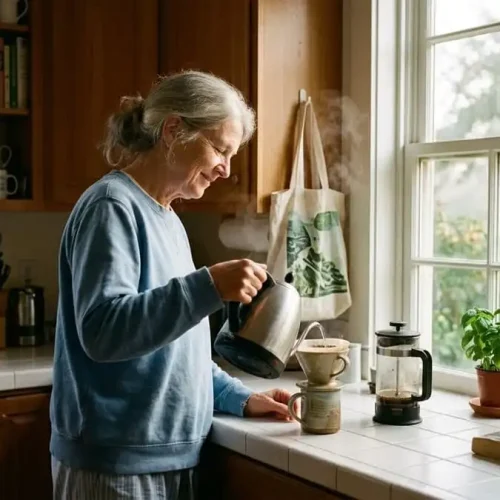 Pessoa madura sorrindo ao abrir janela ou preparar café com calma, luz suave da manhã em casa brasileira, simbolizando recomeço livre e aposentadoria ativa com propósito.