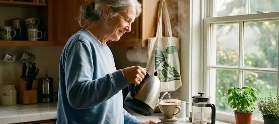 Pessoa madura sorrindo ao abrir janela ou preparar café com calma, luz suave da manhã em casa brasileira, simbolizando recomeço livre e aposentadoria ativa com propósito.