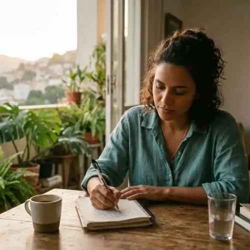 Pessoa escrevendo à mão em caderno com expressão serena, luz natural suave em mesa ou varanda brasileira, simbolizando o hábito de escrita como ferramenta de resiliência emocional.