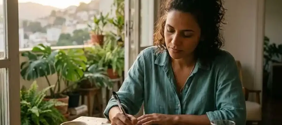 Pessoa escrevendo à mão em caderno com expressão serena, luz natural suave em mesa ou varanda brasileira, simbolizando o hábito de escrita como ferramenta de resiliência emocional.