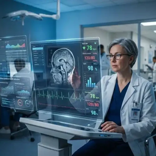 Médico analisando dados de saúde em painel digital com inteligência artificial.