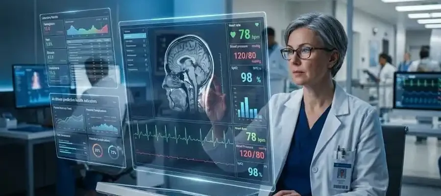 Médico analisando dados de saúde em painel digital com inteligência artificial.