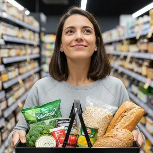 Mulher sorridente escolhendo alimentos industrializados saudáveis no supermercado.