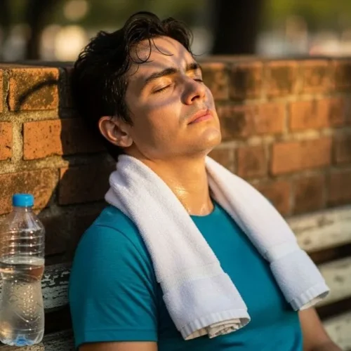 Pessoa exausta sentada no chão após treino, olhos fechados, mostrando sinais de fadiga e necessidade de descanso.