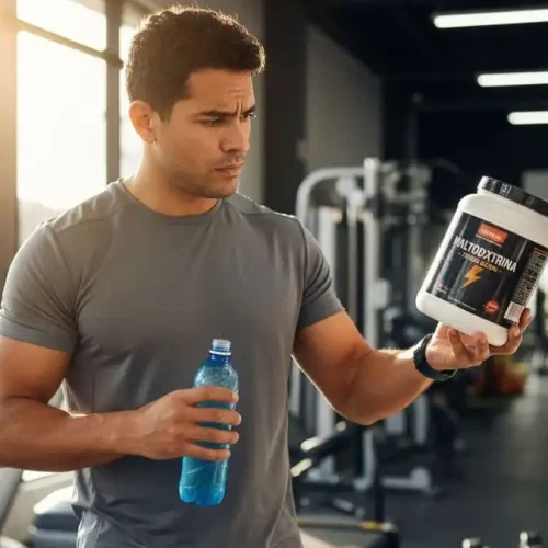 Pessoa na academia olhando pensativa para suplementos de carboidrato, questionando a necessidade real.