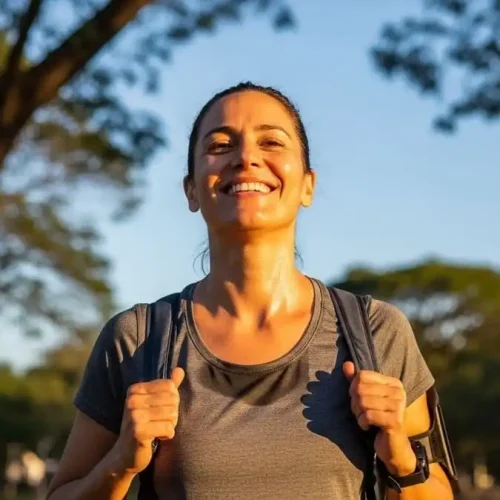 Pessoa sorrindo com bem-estar após exercício ao ar livre, luz dourada, simbolizando liberação de endorfinas e dopamina.