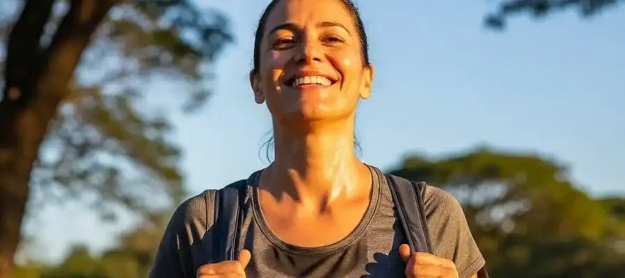 Pessoa sorrindo com bem-estar após exercício ao ar livre, luz dourada, simbolizando liberação de endorfinas e dopamina.