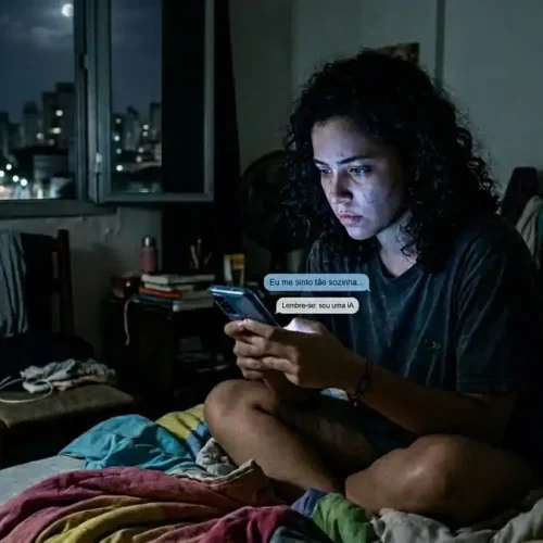 Pessoa sozinha à noite conversando com chatbot no celular, luz fria da tela no rosto, quarto brasileiro escuro, simbolizando solidão, ilusão de apoio e riscos éticos na saúde mental digital.