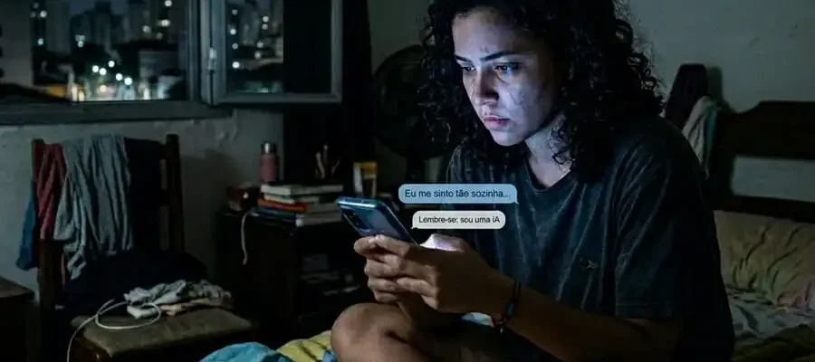 Pessoa sozinha à noite conversando com chatbot no celular, luz fria da tela no rosto, quarto brasileiro escuro, simbolizando solidão, ilusão de apoio e riscos éticos na saúde mental digital.
