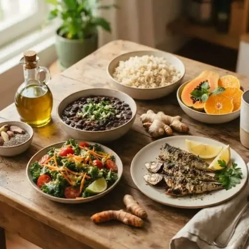 Mesa com feijão, arroz integral, sardinha, salada e frutas, exemplo de alimentação para uma dieta anti-inflamatória