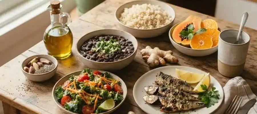 Mesa com feijão, arroz integral, sardinha, salada e frutas, exemplo de alimentação para uma dieta anti-inflamatória