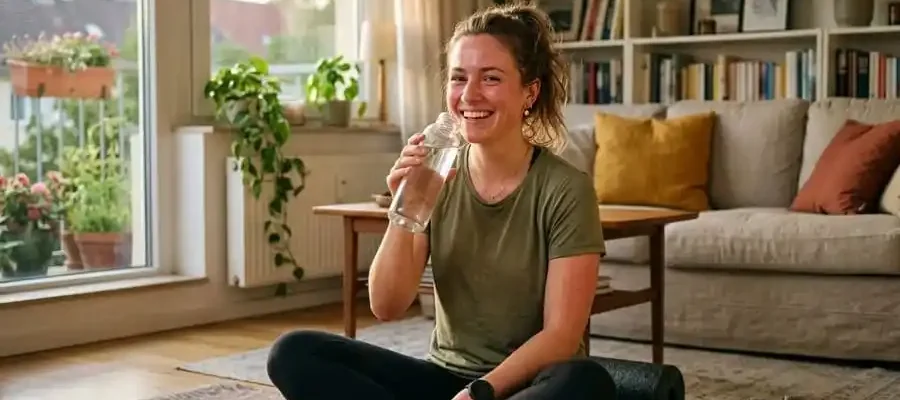 Pessoa com energia renovada e satisfação após treino curto em casa, luz natural suave, simbolizando resultados reais de treino para dias corridos e rotina agitada.