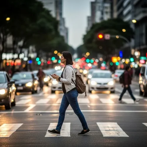 Fotografia realista de uma pessoa caminhando rapidamente em uma rua urbana movimentada, segurando um celular, com fundo desfocado de carros e pessoas, sob iluminação natural urbana.
