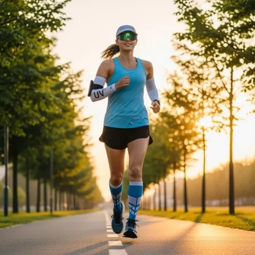 Fotografia de um corredor em uma trilha urbana ao amanhecer, usando tênis de corrida, meias esportivas, manguito, boné e óculos, com árvores verdes e céu alaranjado ao fundo.