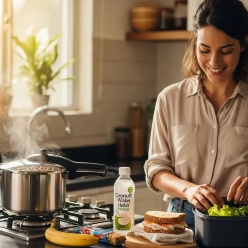 Mulher preparando lanches e hidratação para curtir o bloco de Carnaval com saúde.