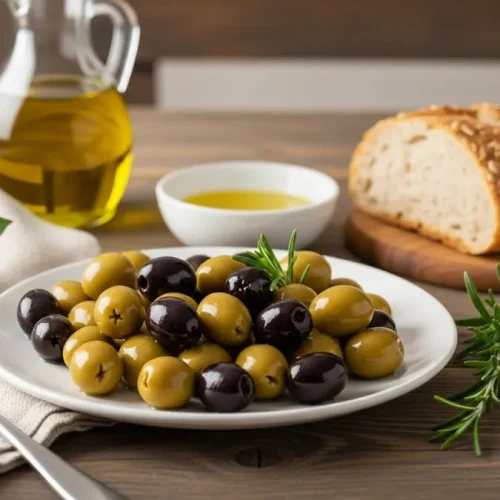 Fotografia realista de uma mesa rústica com azeitonas verdes e pretas, azeite de oliva, pão integral e alecrim, sob iluminação natural suave.