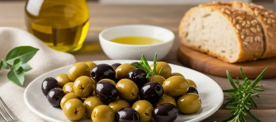 Fotografia realista de uma mesa rústica com azeitonas verdes e pretas, azeite de oliva, pão integral e alecrim, sob iluminação natural suave.