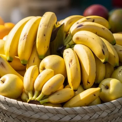 Cesto de palha cheio de cachos de banana Prata, Nanica e Maçã em uma banca de feira, sob luz natural da manhã