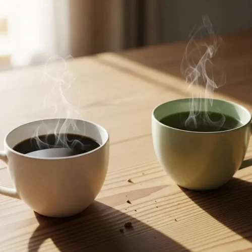 Xícara de café e xícara de chá lado a lado em mesa de madeira iluminada pelo sol da manhã.