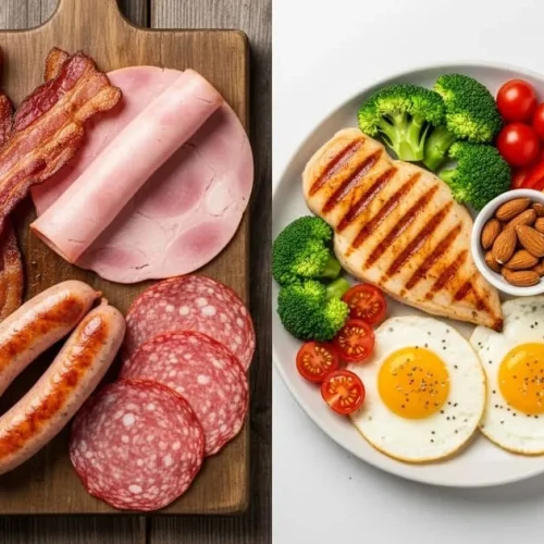 À esquerda, carnes processadas como bacon e salsicha; à direita, refeição saudável com frango, ovos, legumes e nozes.