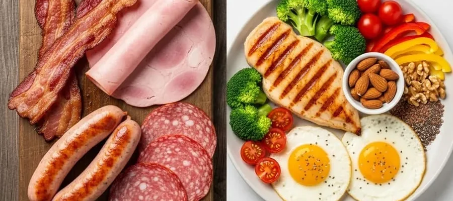 À esquerda, carnes processadas como bacon e salsicha; à direita, refeição saudável com frango, ovos, legumes e nozes.