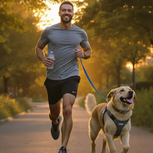 Fotografia de um corredor e um cão correndo em uma trilha urbana ao amanhecer, com o corredor usando roupas de corrida e o cão com coleira acolchoada, árvores verdes e céu alaranjado ao fundo