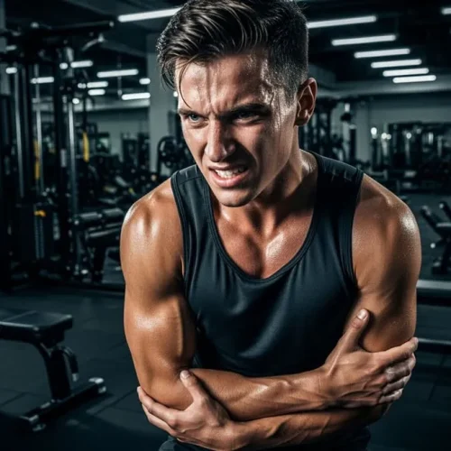 Pessoa segurando os músculos doloridos após o treino, representando dor muscular pós-exercício.