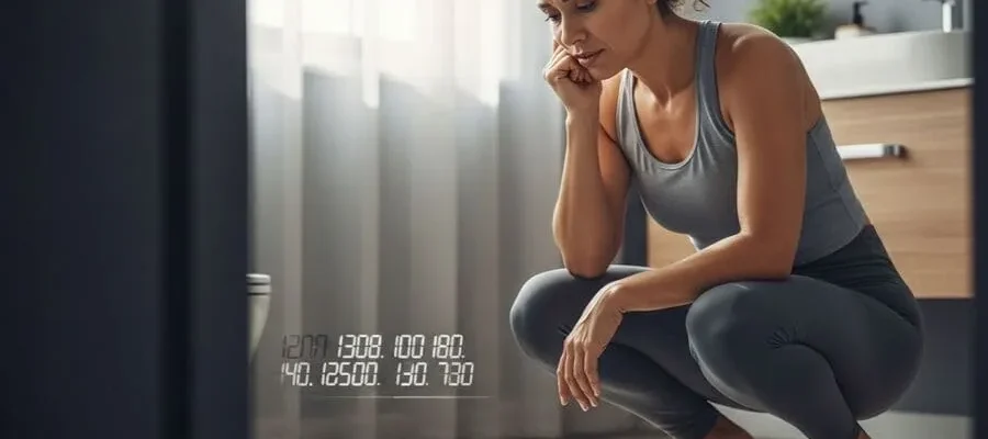 Foto de uma mulher adulta olhando para uma balança com expressão de frustração, representando o efeito sanfona em mulheres.