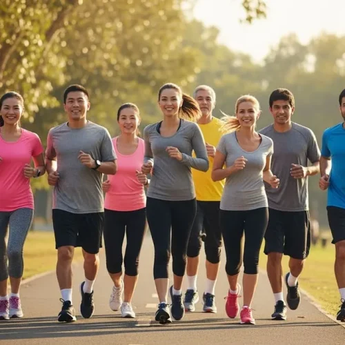 Grupo de corredores iniciantes correndo juntos em parque durante o nascer do sol, demonstrando boa forma e postura relaxada