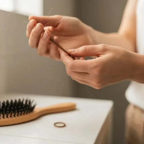 Mãos femininas segurando fios de cabelo que caíram, simbolizando a preocupação com queda de cabelo causada pelo estresse