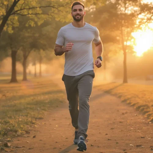 Fotografia de uma pessoa caminhando energeticamente em um parque ao amanhecer, com roupas de exercício confortáveis, árvores verdes e céu alaranjado ao fundo.
